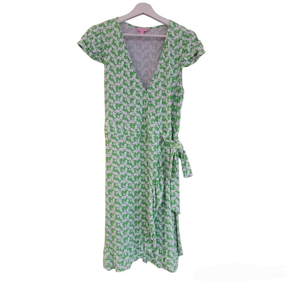 Lily Pulitzer Womens Green & White Bee Print Wrap Dress- Size Large